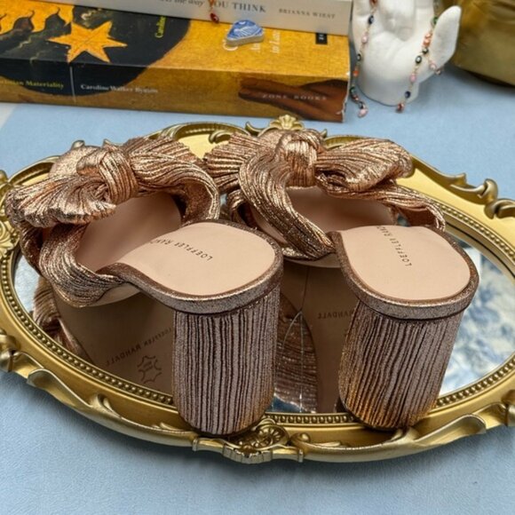 🆕 LOEFFLER RANDALL 🧿 NWOB Penny Metallic Rose Gold Pleated Bow Mule Heel, Sz 7 - Picture 12 of 14